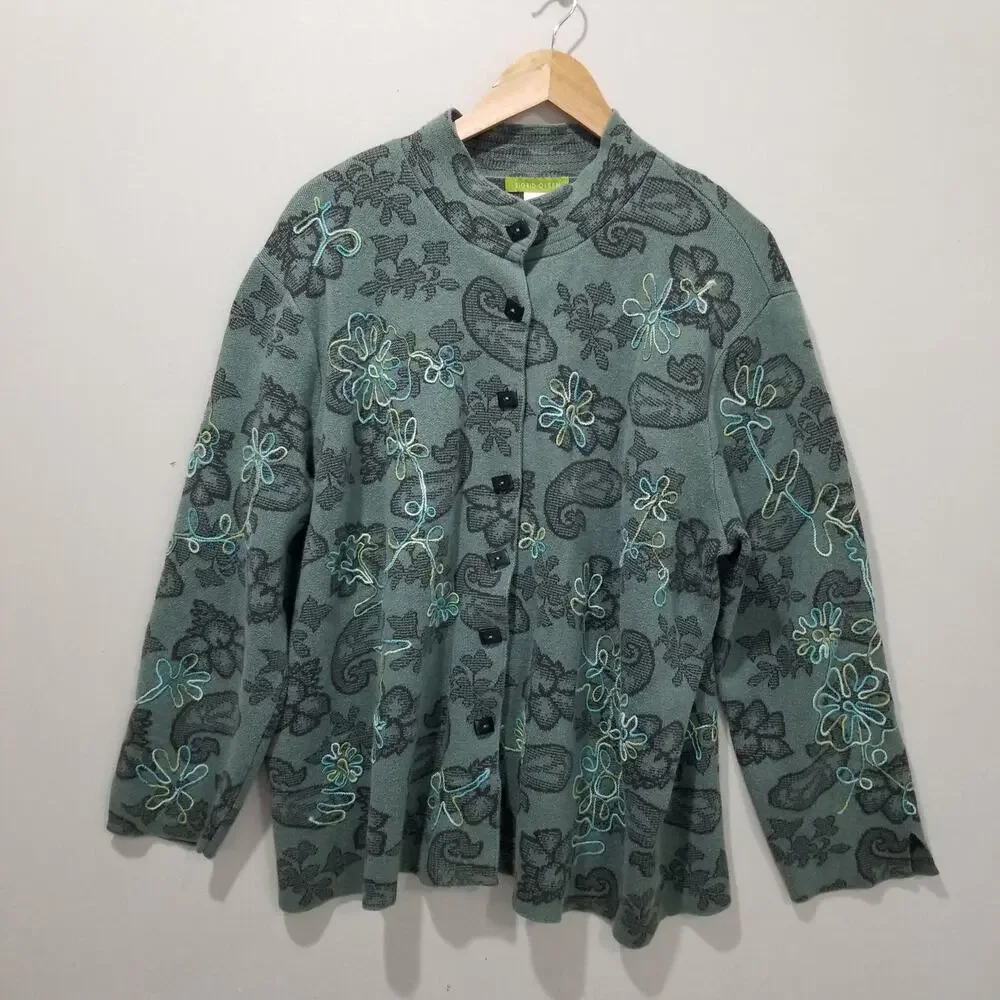Sigrid Olsen Jacket Womens 2X Green Paisley Knit Embroidered Art To Wear